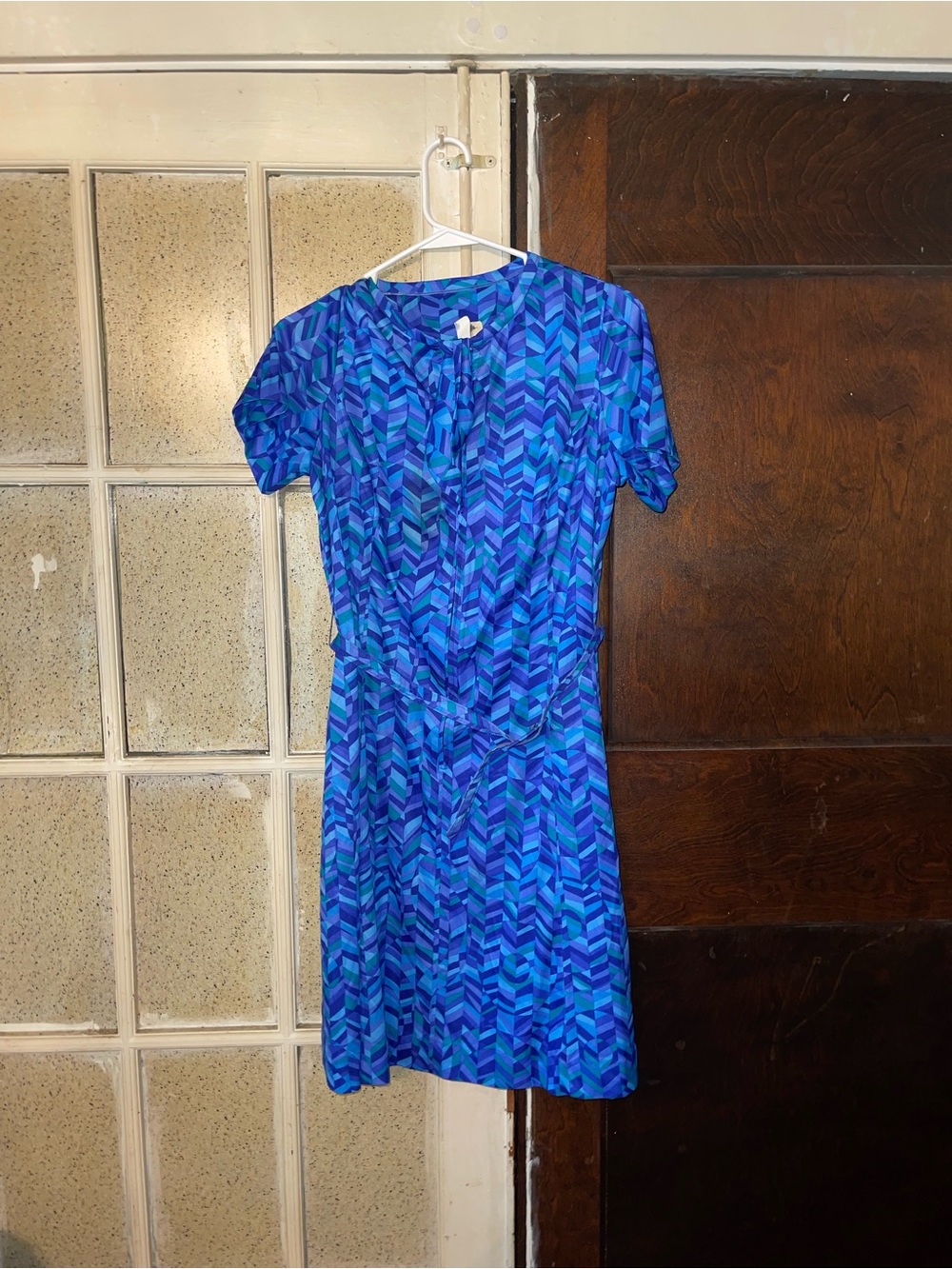 Vintage British Lady Blue Geometric Short Sleeve Women's Dress